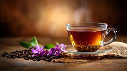 Steaming glass cup of black tea with loose tea leaves and purple flowers on a rustic wooden table