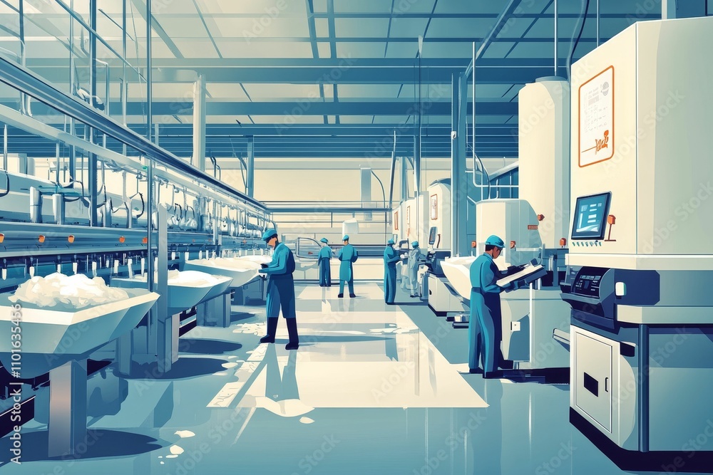 Poster factory workers operate automated production line.