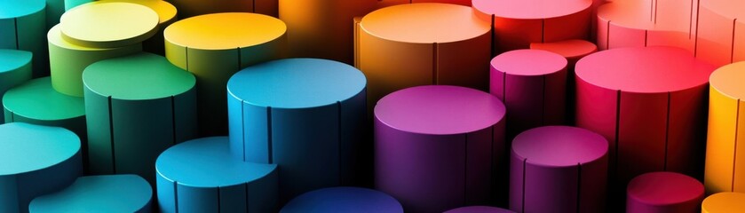 A vibrant array of colorful cylindrical shapes arranged in a visually striking pattern, showcasing a spectrum of hues.