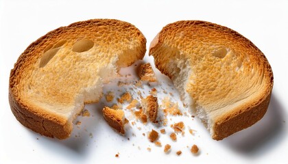 broken bread rusks with crumbs isolated on white or transparent