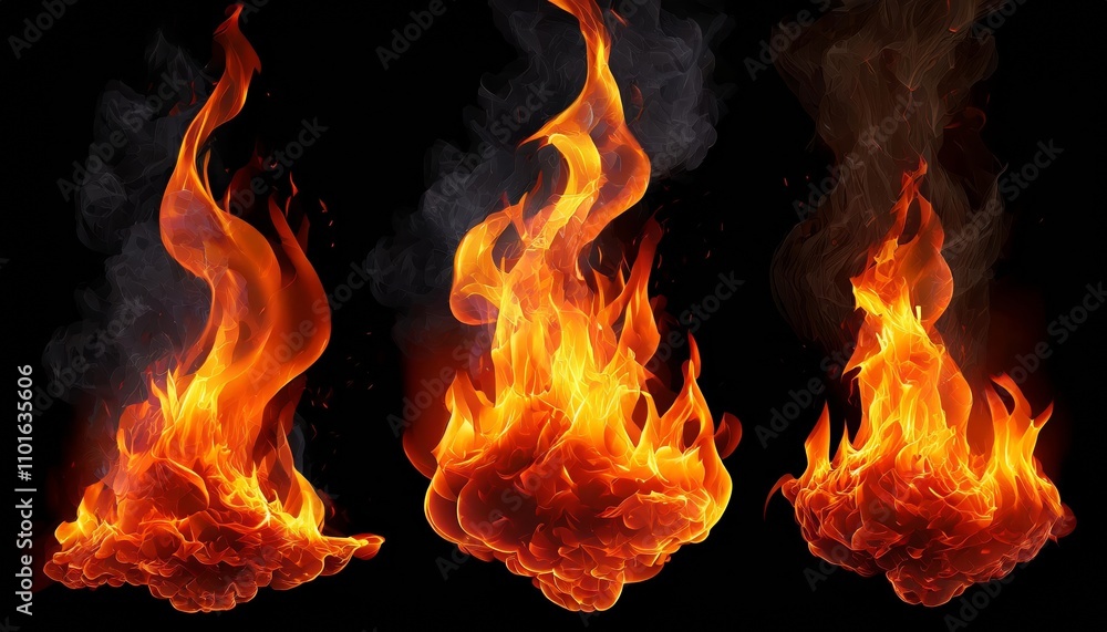 Poster high-quality realistic fire flame effect bundle with transparent background for graphic design, vide