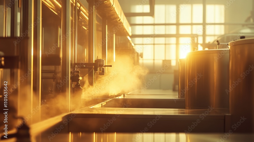Poster warm, soft lines of beverage production equipment in a factory setting, with subtle lighting highlig