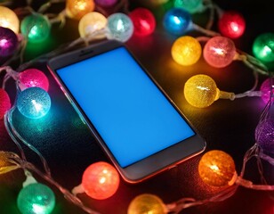 smartphone surrounded by colorful christmas lights on festive background