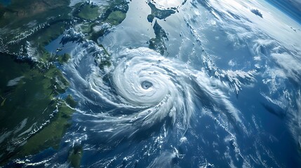 A satellite view of a powerful hurricane over the ocean, showcasing swirling clouds and vast water.