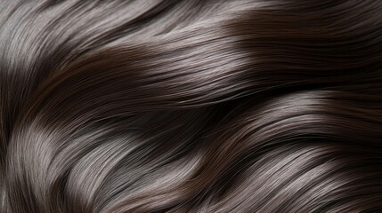 Fototapeta premium Close-up view of glossy dark brown hair strands with smooth, flowing texture ideal for beauty salons and hairdressing marketing materials.