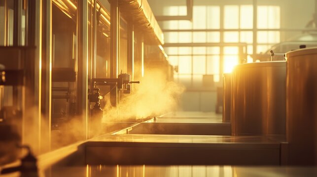 Warm, soft lines of beverage production equipment in a factory setting, with subtle lighting highlighting the machines and surroundings