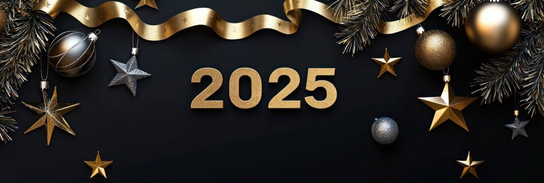 Luxurious Christmas banner with a black background, gold stars, baubles, and ribbons. "2025" in bold, modern contemporary typography adds festive touches, and silver highlights add elegance.