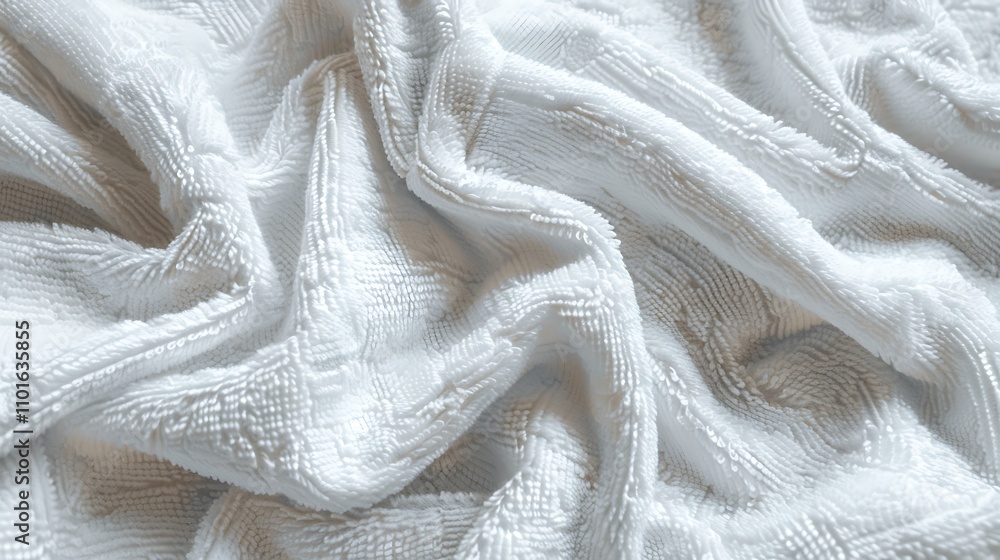 Poster a close-up of a soft, textured white fabric, showcasing its intricate patterns and inviting touch.