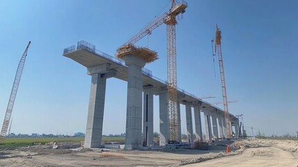Concrete bridge pillars and cranes on a construction site for the China high-speed railway, set against a blue sky