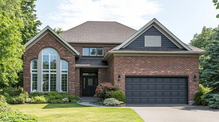 A modern brick house with large windows and a landscaped front yard.