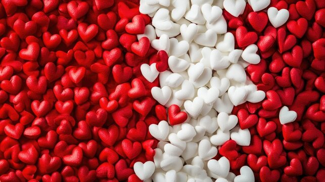 Vibrant Valentineâ€™s Day background featuring a colorful arrangement of red and white hearts, perfect for adding personalized text and holiday-themed banners.
