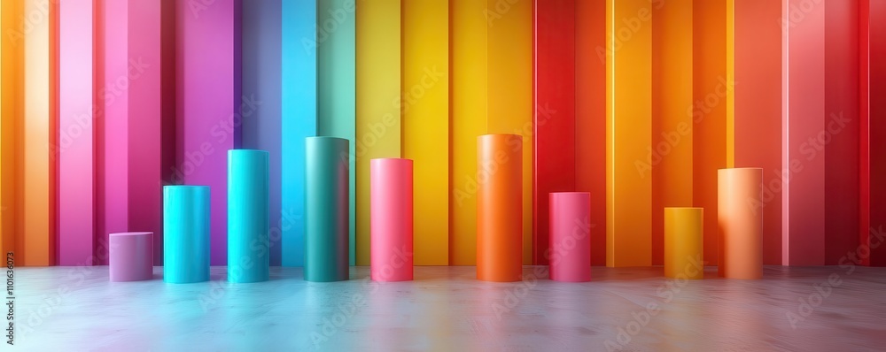 Poster a vibrant display of colorful vertical bars and cylindrical shapes against a rainbow backdrop, creat
