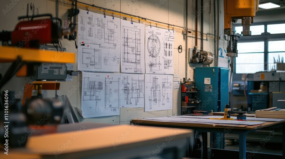 Poster Wide shot of a workshop with technical blueprints of complex machinery pinned on the wall, highlighting the engineering and design process.