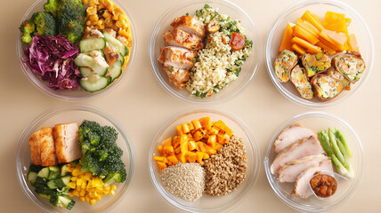 Healthy meal prep with assorted portioned plates featuring grilled chicken, vegetables, and grains. Colorful and nutritious, perfect for balanced eating