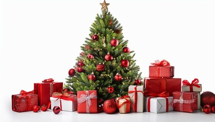 christmas tree with red decorations and gifts holiday concept isolated on white background