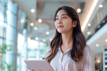 young professional woman with a subtle smile holding a tablet