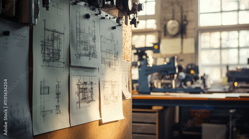 Poster Wide shot of a workshop with technical blueprints of complex machinery pinned on the wall, highlighting the engineering and design process.