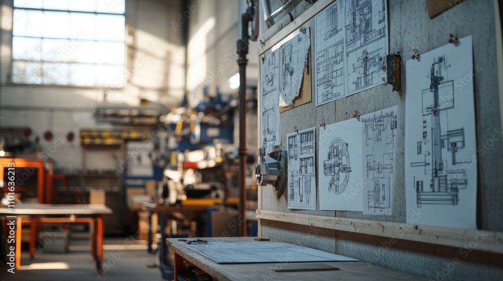 Aufkleber wide shot of a workshop with technical blueprints of complex machinery pinned on the wall, highlight