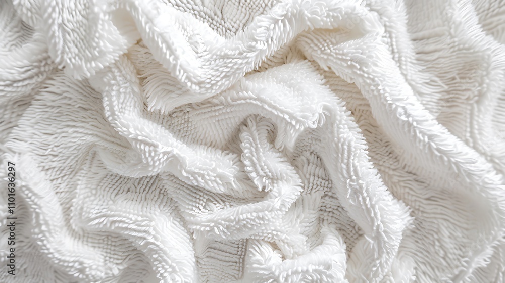 Poster a close-up view of a soft, textured white fabric showcasing its intricate patterns and plush surface