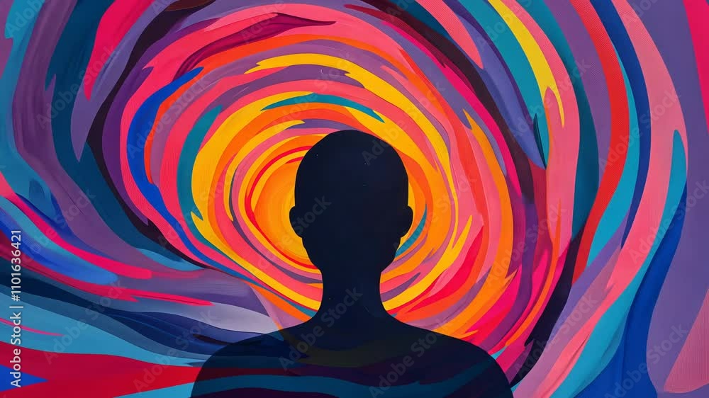 Poster a vibrant abstract representation of a silhouette surrounded by colorful swirling patterns, creativi
