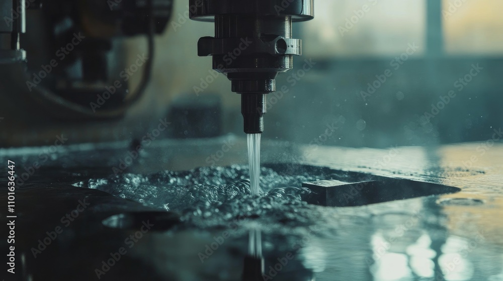 Poster wide-angle shot of a precision machining process with water jets cooling the metal as a machine cuts