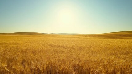 Wide view of golden wheat fields stretching across the land, a calm and serene atmosphere under a clear, cloudless sky.