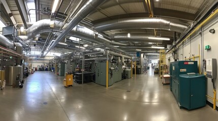 Fototapeta premium Wide-angle view of an industrial facility with advanced ductwork design running across the ceiling, filled with mechanical systems and machinery.