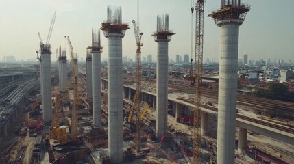 Concrete pillars stand tall on the high-speed railway construction site from Bangkok to Nakhon Ratchasima. Heavy machinery and cranes surround the site, capturing the progress of the railway industry.