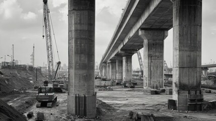 Concrete pillars stand tall on the high-speed railway construction site from Bangkok to Nakhon Ratchasima. Heavy machinery and cranes surround the site, capturing the progress of the railway industry.
