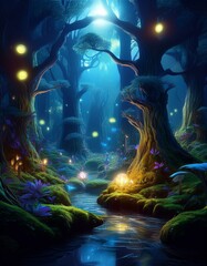 Obraz premium 月明かりに照らされた魔法の森。光り輝く妖精や神秘的な動物のような幻想的な生き物が、きらきらと輝く苔に覆われた古木の間を歩き回っています。この光景は、別世界でありながらも魅力的に感じられ