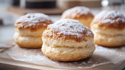 Deliciously golden pastry buns dusted with powdered sugar, showcasing a fluffy and soft texture, perfect for any dessert table.