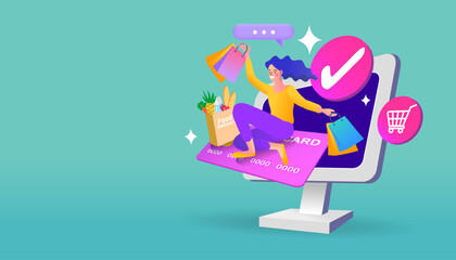 online shopping, E-commerce advertising illustration. fast online delivery service. Hands holding a paper bag,  box with groceries, sitting on credit card . pop up computer. 