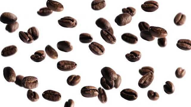 roasted coffee beans flying on white background