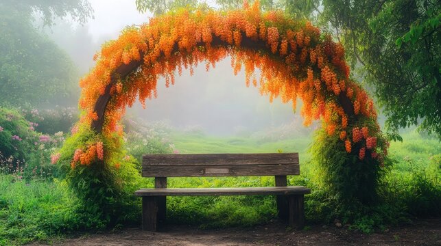 A rustic wooden bench under a vibrant Laburnum arch in full bloom, set against a backdrop of a lush green meadow in early morning mist.