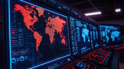 A futuristic control room displaying a digital world map in red, surrounded by data readouts and graphics, showcasing advanced technology and data visualization.