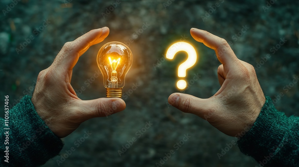 Poster a pair of hands holds a glowing light bulb and a glowing question mark, symbolizing ideas and curios