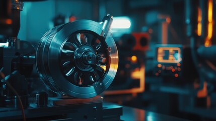 Fototapeta premium Detailed shot of a turbocharger rotor on a balancing machine, with calibration sensors and displays highlighting precise adjustments. The focus is on accuracy in turbo repair and maintenance.