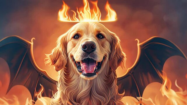 A whimsical golden retriever with a halo and devil wings