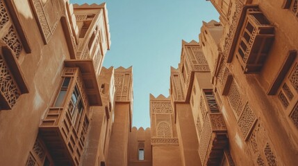 Diriyah historical mud-brick architecture in Riyadh, framed against a clear sky. The photo captures the earthy tones and unique textures of Saudi Arabia's heritage buildings.