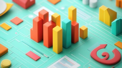 A colorful, abstract representation of data analytics with bar graphs and geometric shapes on a teal background.