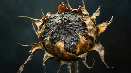Dried sunflower head with dark, empty seed cavities, showcasing a weathered texture and curled, brown petals against a dark background.