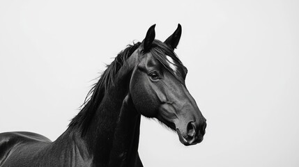 Fototapeta premium Majestic black horse in a striking dynamic pose set against a minimalist white background, showcasing its powerful physique and expressive features.