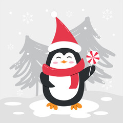 Cute Christmas penguin in flat style wearing festive accessories. Perfect for holiday designs, cards, and decorations.