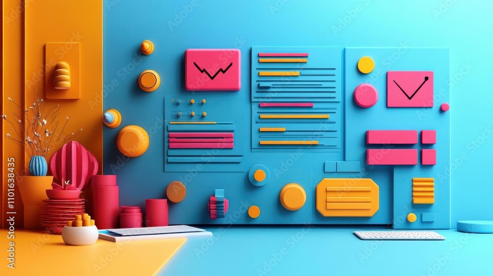 Poster a colorful, abstract composition featuring geometric shapes and patterns on a vibrant background, cr