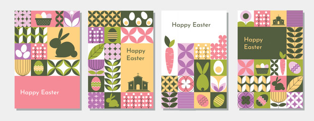 Set of Modern Happy Easter mosaic Banners with geometric shapes. . Abstract Modern trendy minimalist style. Vector illustration