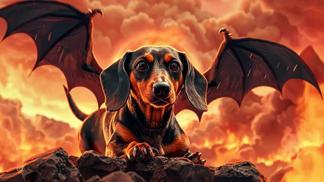 dachshund with dragon wings against a fiery backdrop