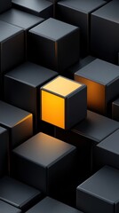 Obraz premium A glowing cube stands out among dark, matte cubes, symbolizing innovation and uniqueness, AI