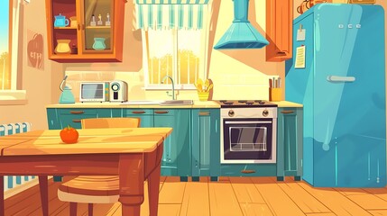 A cozy kitchen scene with a wooden table, blue cabinets, and modern appliances, creating a warm and inviting atmosphere.