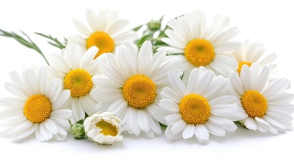Vibrant daisy flowers with bright yellow centers artfully arranged on a pristine white background, showcasing their delicate petals and natural beauty.