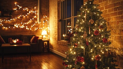 Cozy indoor holiday scene showcasing a beautifully decorated Christmas tree adorned with lights and ornaments, surrounded by warm string lights and a rustic wall.
